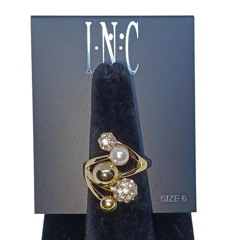 INC International Concepts Gold Tone Pearl Crystal Orb Ring Size 6 New with Tag - Picture 2 of 5